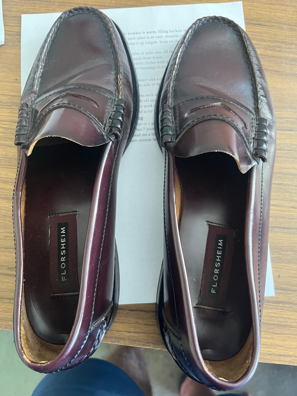 Florsheim burgundy leather penny loafers with moc toe stitching